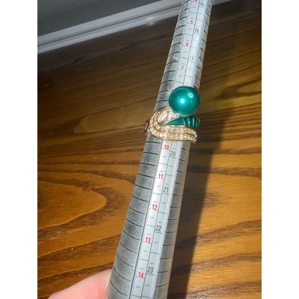 Gold Tone Teal Faux Pearl Green Enamel Rhinestone Statement Ring Size 9 - Picture 6 of 7